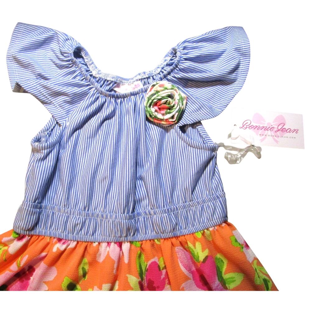 Bonnie Jean Girls Sundress Blue and White Striped Bodice Floral Skirt Size 5 - Picture 3 of 4